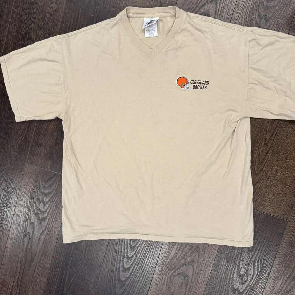 Vintage Logo Athletic Beige V Neck Embroidered Cleveland Browns T-Shirt; Mens XL